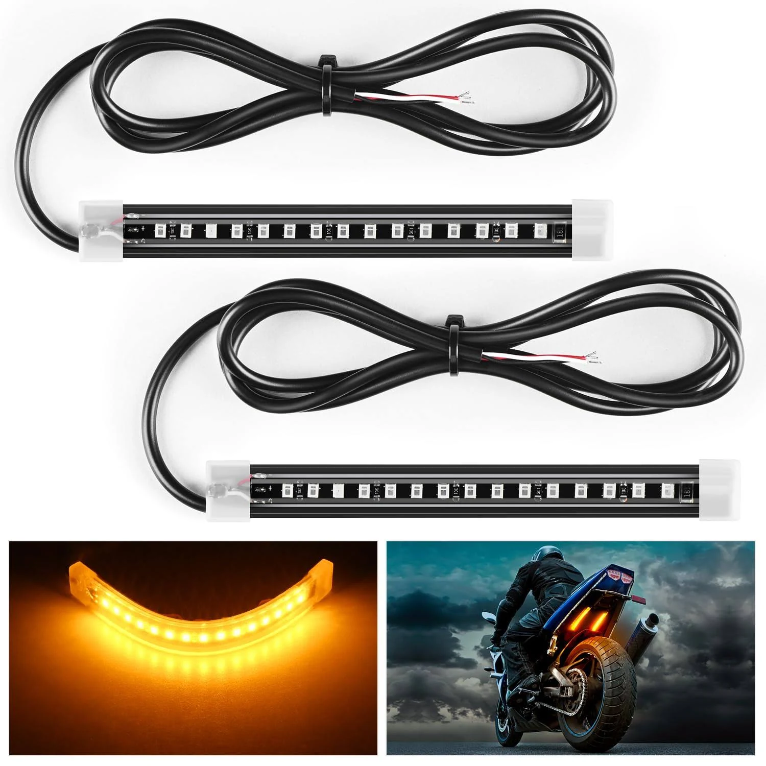 Nilight 2pcs 5Inch LED Motorcycle Turn Signal Running Brake Stop Tail Light Strips Red Beam Flexible Bend Adhesive Universal Fit Harley Motorcycle