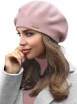 Braxton Wool Beret Hat - Warm Lined Crochet Angora Knit Berets One Size, Pink 