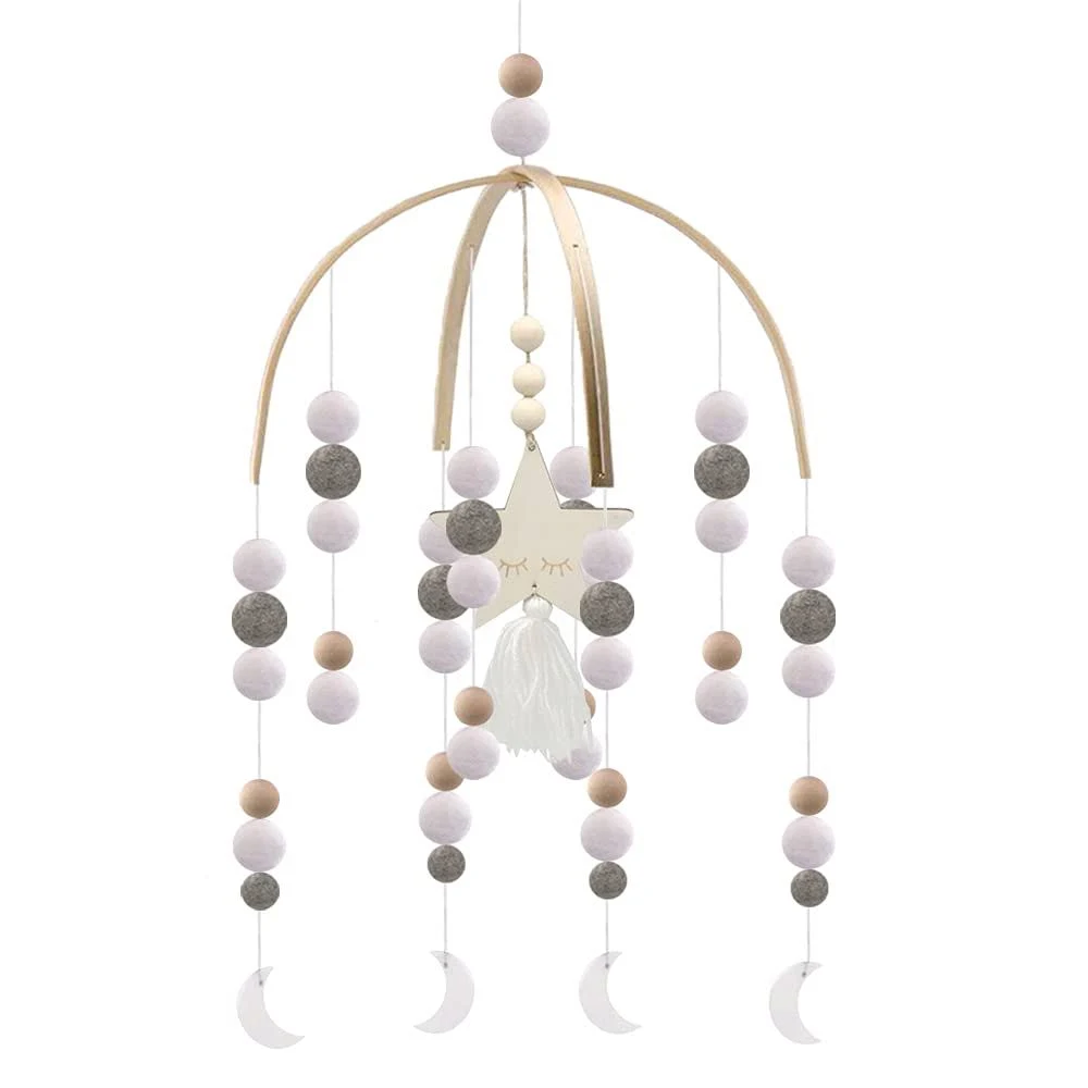 Boho Baby Mobile, Neutral Baby Crib Mobile, Wooden Ceiling Mobile, (Gray-Moon）