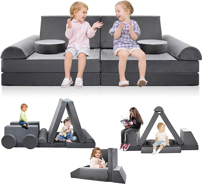 LILYPELLE Kids Couch Play Set, 10PCS Modular Kids Sofa Couch Nugget Couch Fold Out Couch Playhouse Play Set for Toddlers, Creative Couch Kids Foam Play Couch Indoor