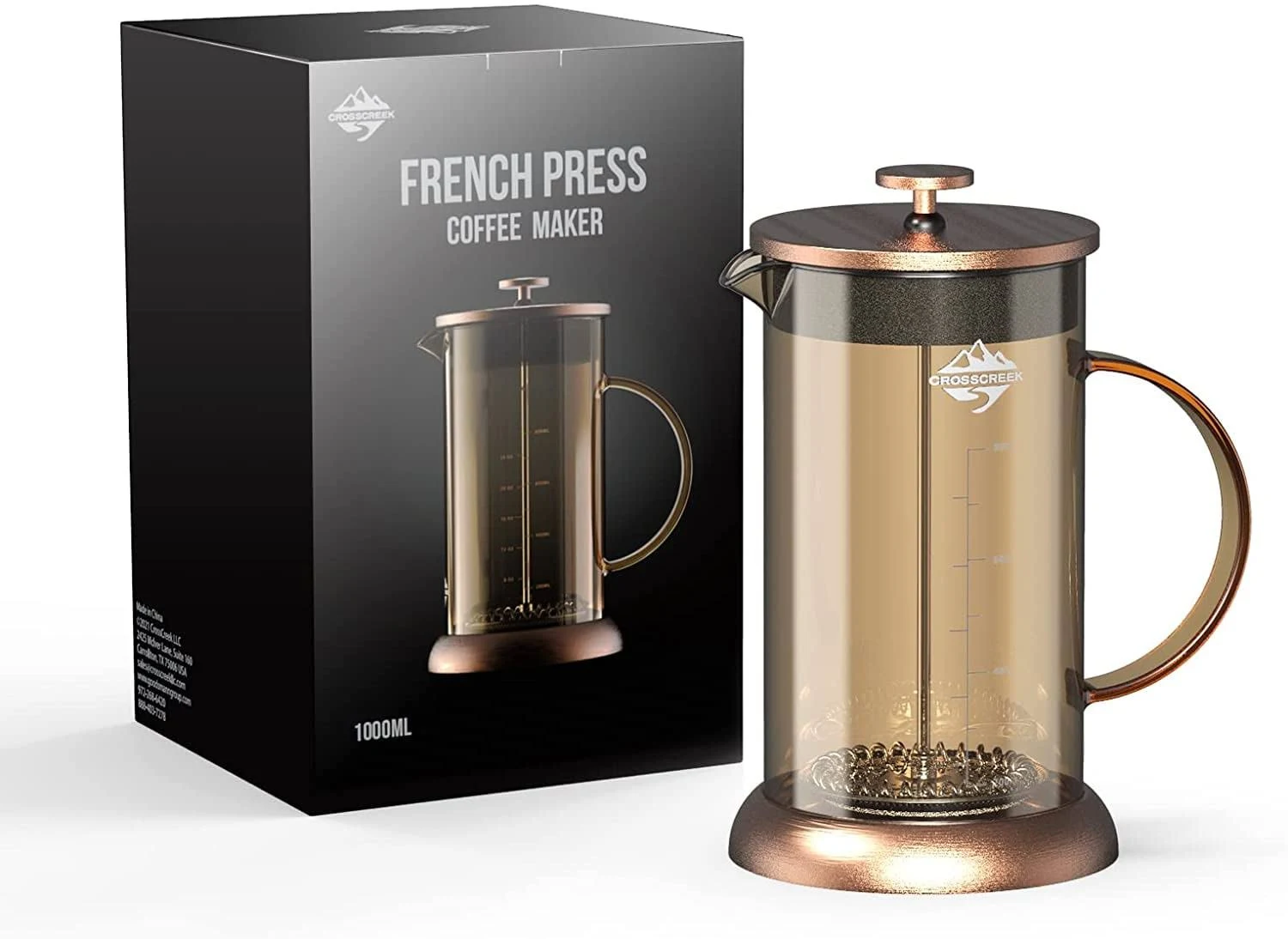 French Press Coffee & Milk Frother, 34oz (4 Cups) Heat Resistant Borosilicate Glass Coffee Press with 4 Filter Screens, Stainless Steel Plunger Durable Easy Clean 100% BPA Free, Copper