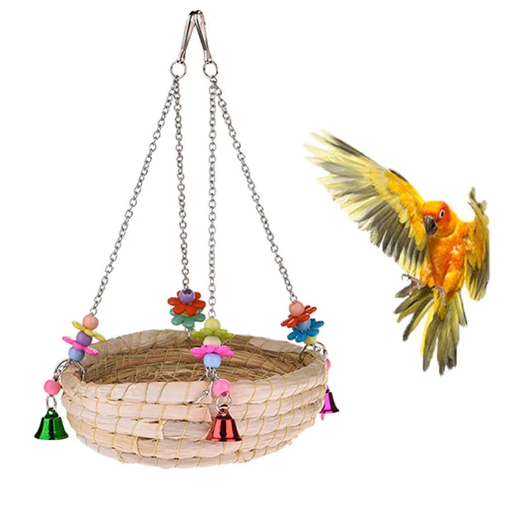 Woven Straw Nest Bed Large Bird Swing Toy with Bell Parrot Cockatiel Parakeet