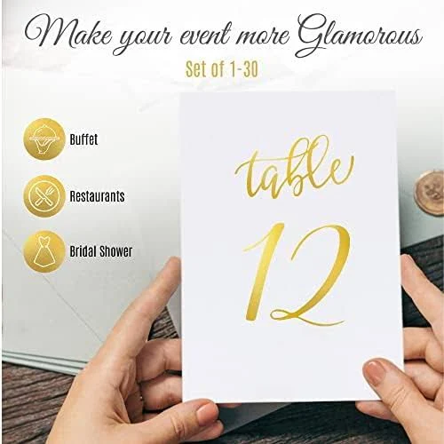 30 Pieces Table numbers For Wedding Reception With Pcs Number Holder , Holders Place cards Card Gold Numbers, white,gold