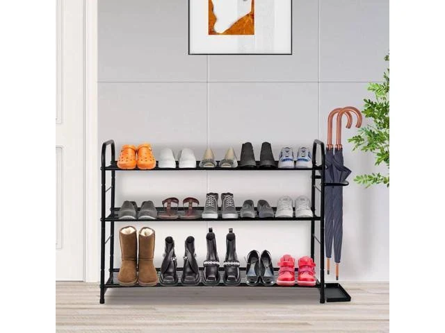 3-Tier Stackable Shoe Rack with Wire Grid Shelf,Shoe rRack For Entryway,Shoe Storage Organizer and Umbrella Holder - Black