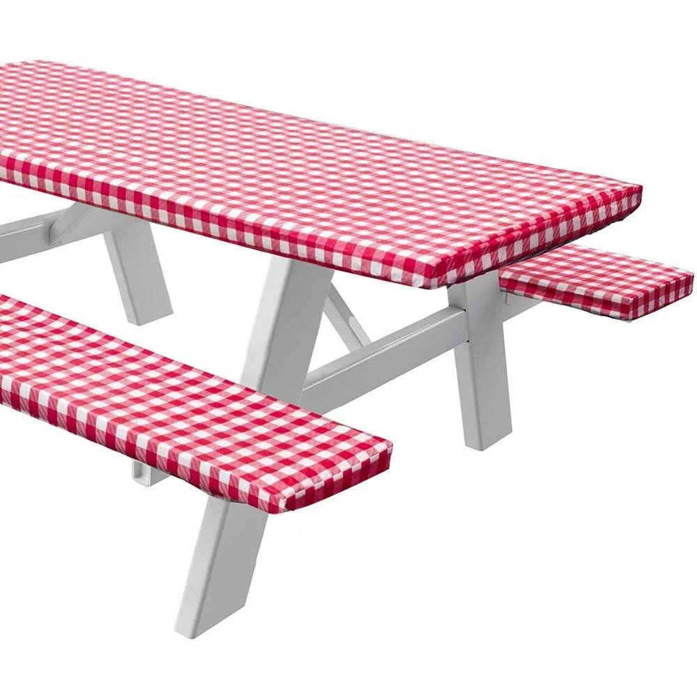 Picnic Table cover With Bench Covers -Fitted With Elastic, Vinyl With Flannel Back, Fits For Table 30"x 96" Rectangle,Water Proof, Easy to Clean, Checked Red Design, by SORFEYPicnic Table cover With Bench Covers -Fitted With Elastic,…