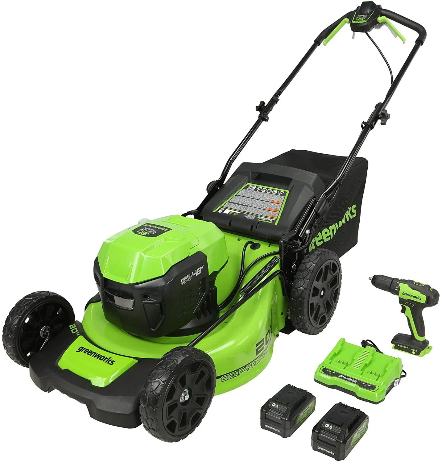 Greenworks 48V 20\" Brushless Cordless Push Lawn Mower + 24V Drill / Driver Green