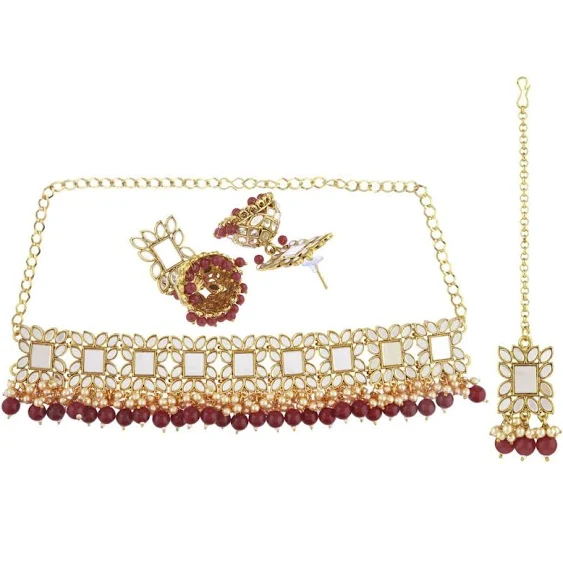 Efulgenz Indian Jewelry Set Crystal Choker Necklace Jhumka Earrings Maang Tikka Head Chain Bollywood Wedding Bridal Jewelry for Women Maroon