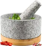 Heavy Duty Mortar and Pestle Set with Bamboo Base, Extra Large 4 Cups, 100% Natural Granite Mortar and Pestle Large Stone Grinder Bowl, Molcajete Bowl, Masher Guacamole Bowls, Polished Black