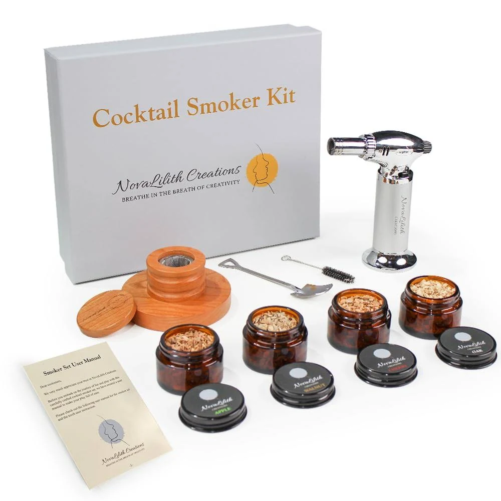 NovaLilith Old Fashioned Cocktail Smoker Kit with Torch (No Butane) for Bourbon, Whiskey, and Custom Drink Making with Natural Cherry, Peach, Apple, and Walnut Wood Chips, Filter, and Accessories