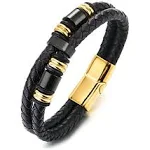 Mens Double-Row Black Braided Leather Bracelet Bangle Wristband, Black Gold Color Steel Ornaments