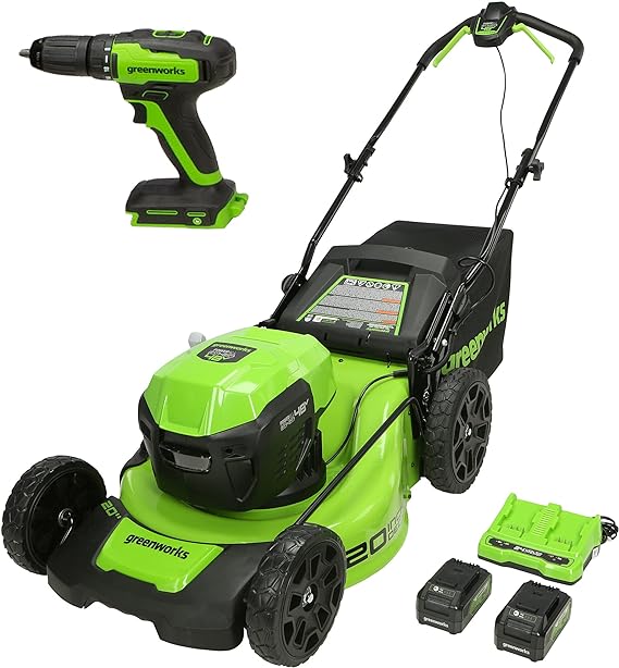 Greenworks 48V 20\\" Brushless Cordless Push Lawn Mower + 24V Drill / Driver Green