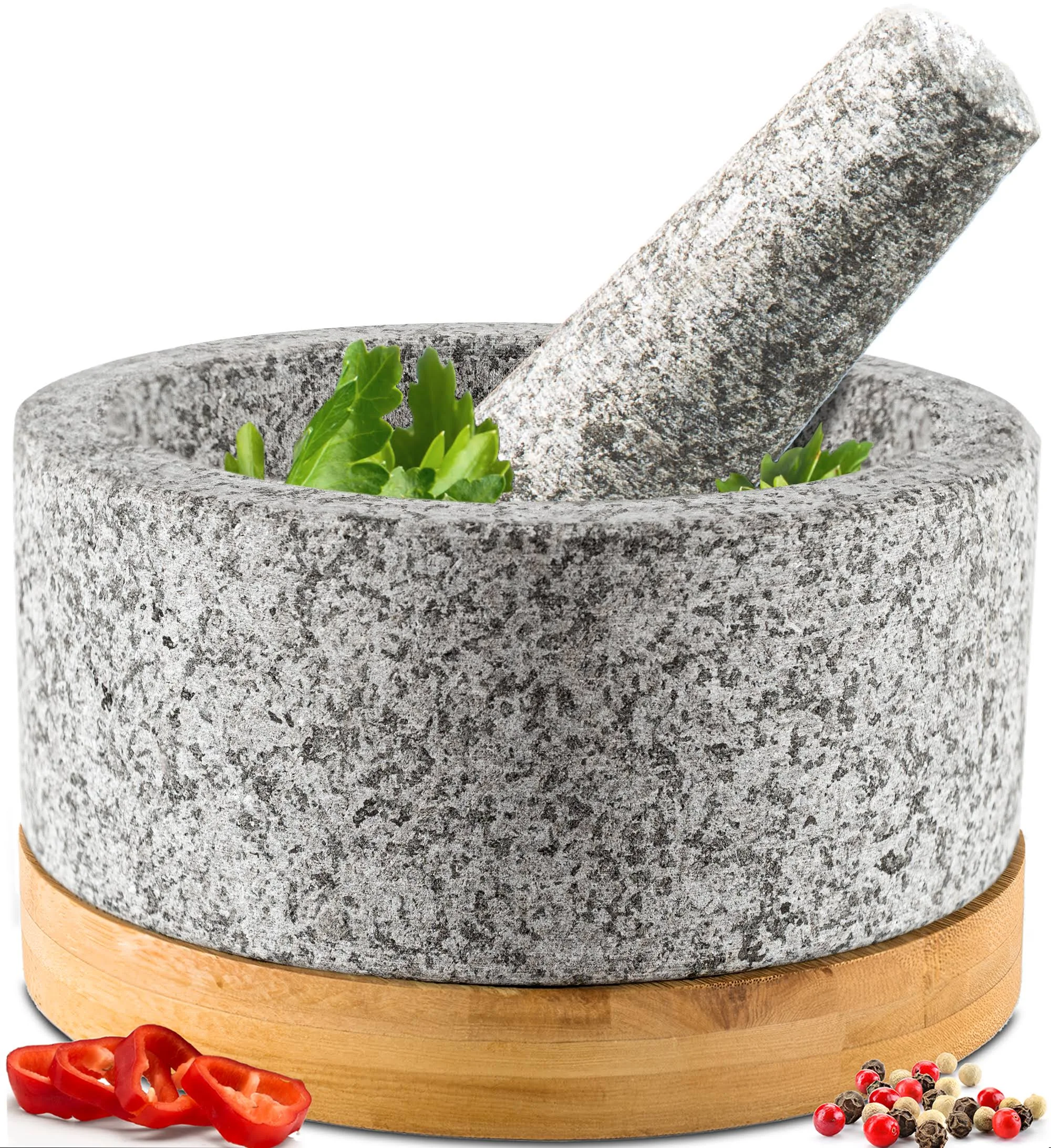 Heavy Duty Mortar and Pestle Set with Bamboo Base, Extra Large 4 Cups, 100% Natural Granite Mortar and Pestle Large Stone Grinder Bowl, Molcajete Bowl, Masher Guacamole Bowls, Polished Black