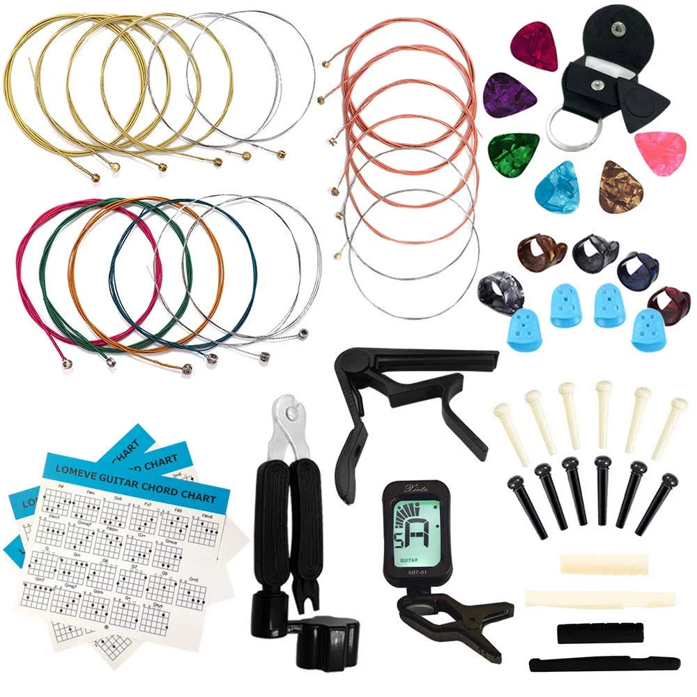 LOMEVE Guitar Accessories Kit Include Acoustic Strings, Tuner, Capo, 3-in-1 Restring Tool, Picks, Pick Holder, Bridge Pins, Nuts & Saddles, Finger