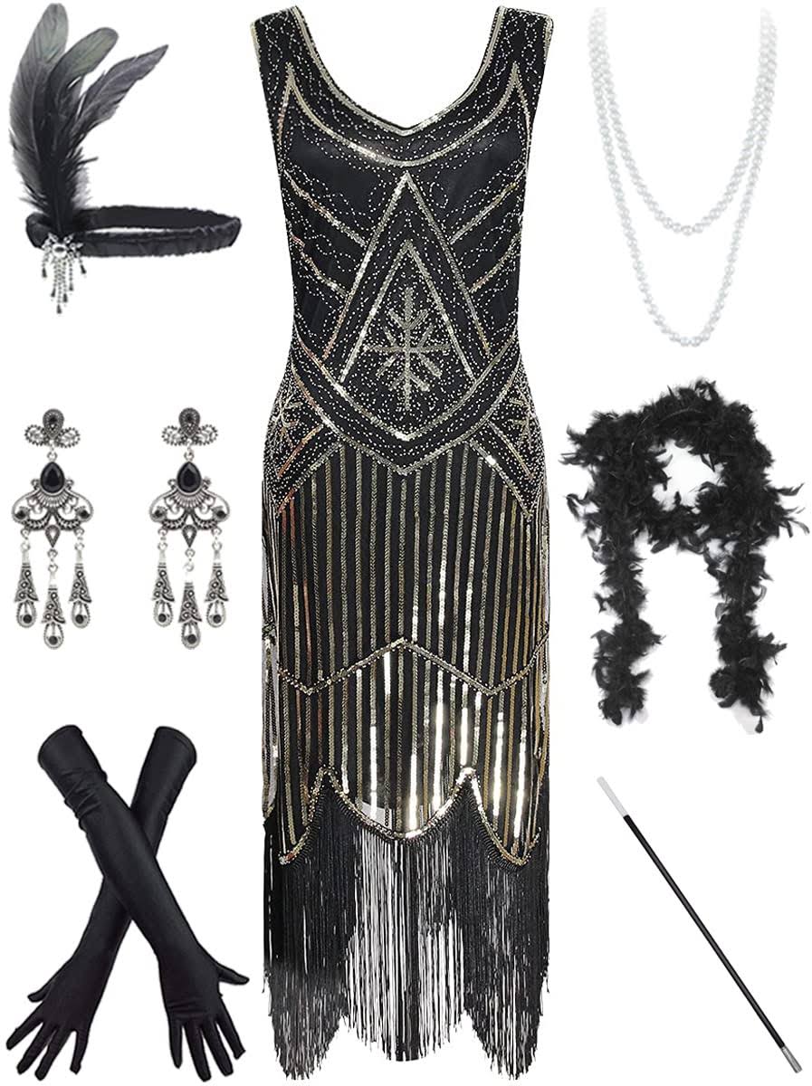 IWIWB Women's Vintage 1920s Sequin Beaded Tassels Hem Flapper Dress w/Accessories Set