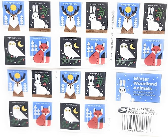 Winter Woodland Animals (Booklet of 20) Forever Postage Stamps (a Deer, Fox, Rabbit, and Owl) 2023 Scott #5822-5825