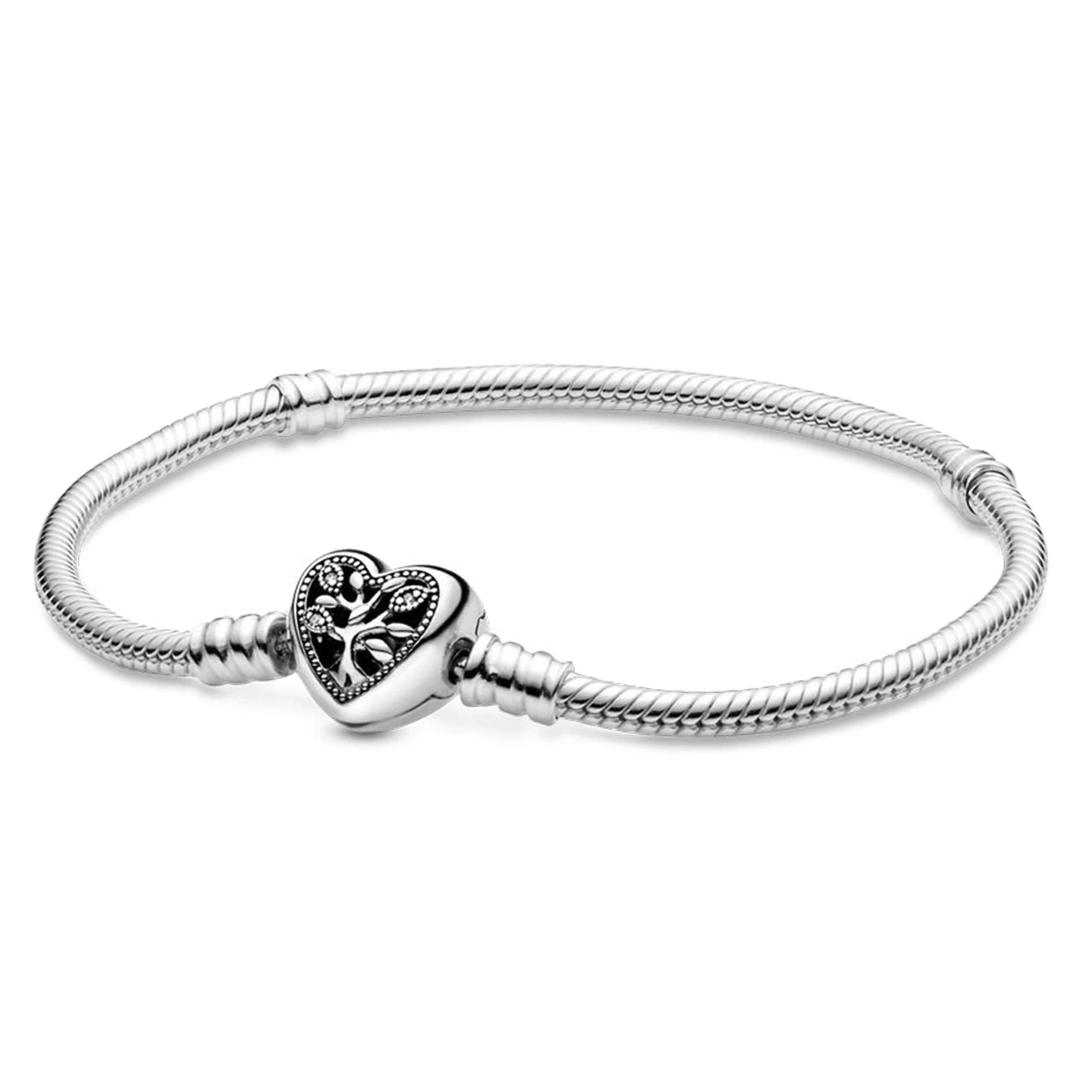 Pandora Jewelry Heart Clasp Snake Chain Cubic Zirconia and Black Enamel Bracelet in Sterling Silver, 7.1"