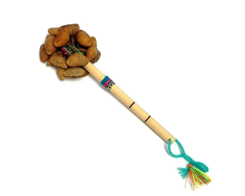 Handmade Peruvian Cacho Seed Pod Shell Nut Shaker Wooden Bamboo Handle Stick with Strap Rattle Maraca Percussion Musical Instrument