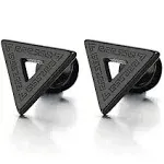 Stainless Steel Mens Triangle Stud Earrings with Greek Key Pattern, Screw Back 2pcs - Black