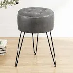 Lue Bona Faux Leather Vanity Stool Chair for Makeup Room, Grey Stool for Vanity, 19” Height, Tufted Small Vanity Chair Stool with Metal Legs, Modern