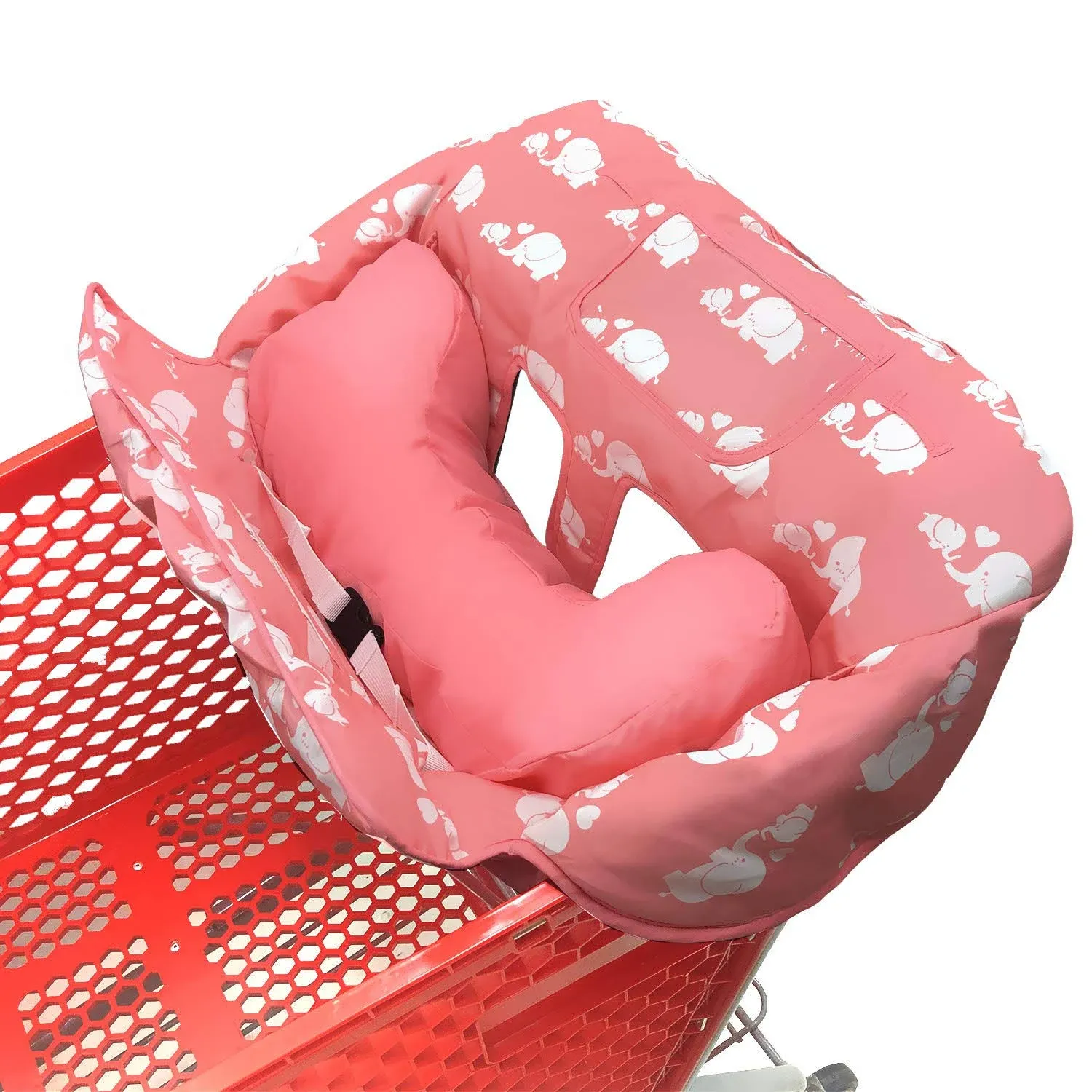 Soft Pillow Attached 2-in-1 Shopping Cart and High Chair Cover for Baby, Cotton Padded Cart Cover, Fold'n Roll Style, Portable with Carry Bag (Pink)