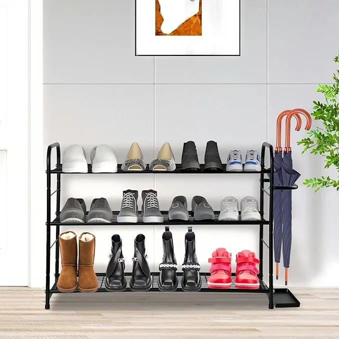 3-Tier Stackable Shoe Rack with Wire Grid Shelf,Shoe rRack For Entryway,Shoe Storage Organizer and Umbrella Holder - Black