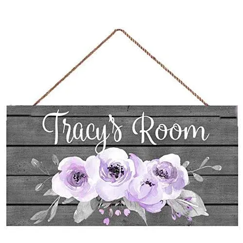 Personalized Door Sign Purple Floral Bouquet Door Sign Bedroom Nursery Wood Plaque Hanging Wall Art Decor Gift