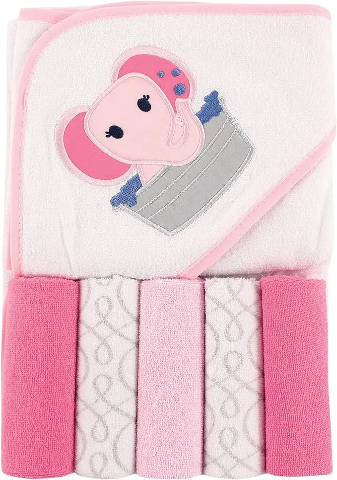 Luvable Friends Baby Girl Hooded Towel with Five Washcloths, Pink Elephant, One Size