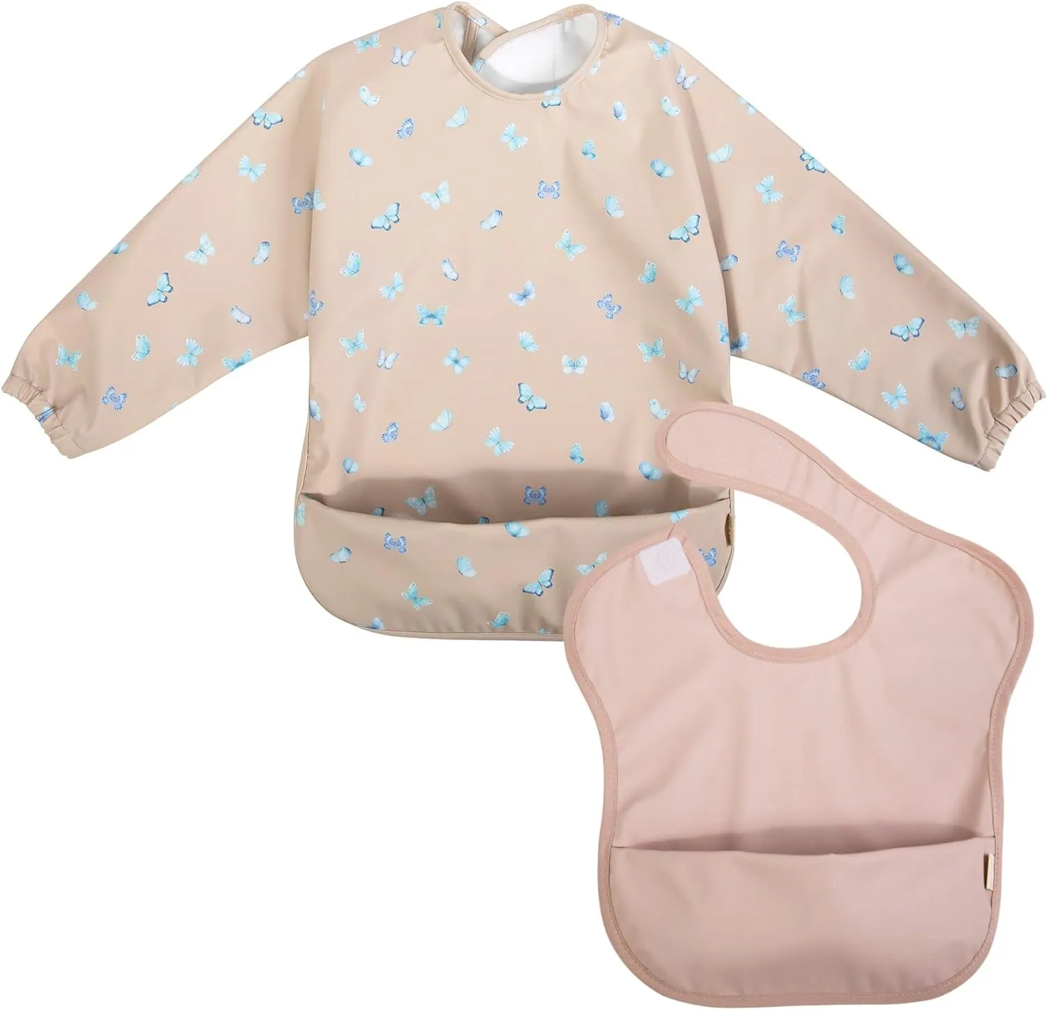 Ali+Oli Smock Bib for Baby & Toddler (2-pc) Long & Short Sleeve Set (Butterfly-Blush)