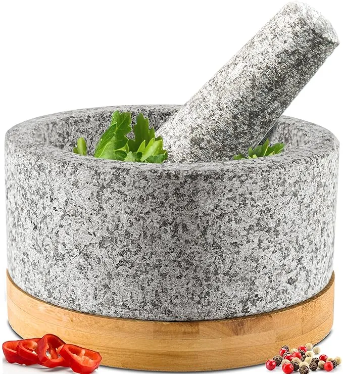 Heavy Duty Mortar and Pestle Set with Bamboo Base, Extra Large 4 Cups, 100% Natural Granite Mortar and Pestle Large Stone Grinder Bowl, Molcajete Bowl, Masher Guacamole Bowls, Unpolished Grey