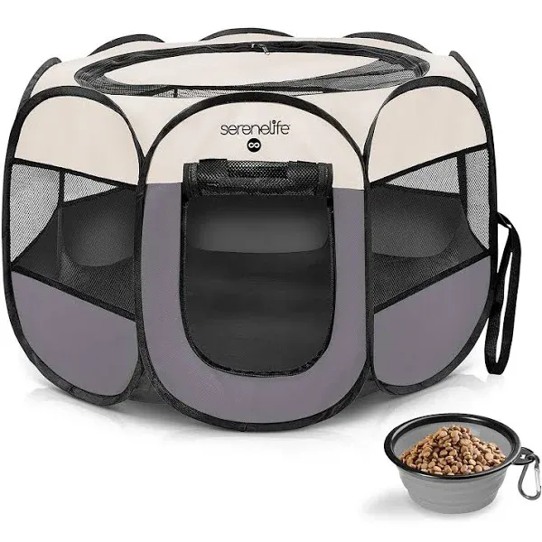 SereneLife 8-Panel Playpen for Dog & Cat w/Food/Water Bowl, Mesh Exercise Puppy Playground, Pet House Indoor & Outdoor, Travel & Camping Pet Kennel ON-The-GO Foldable Portable Pet Tent (Grey- Large)