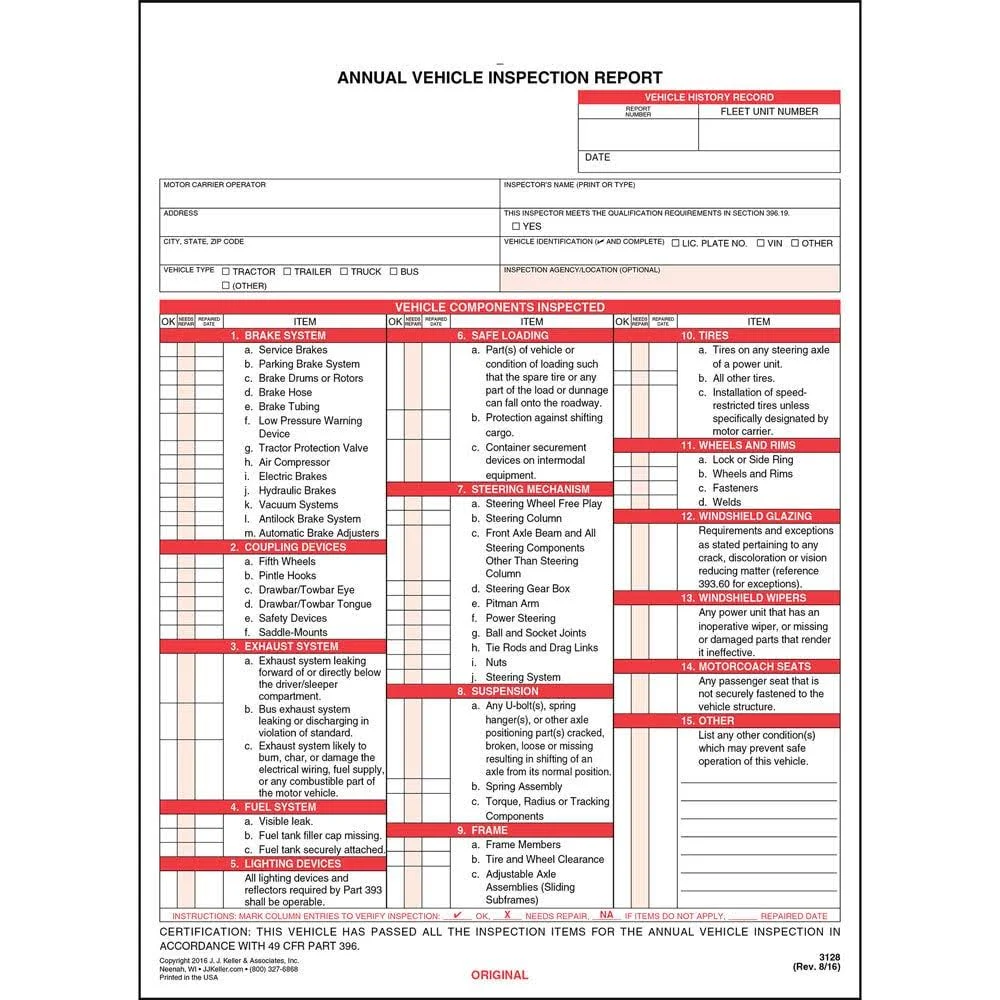 J. J. Keller Annual Vehicle Inspection Report Form 50-pk. - Snap-Out Format, 3-Ply, Carbonless, 8.5" x 11.75" - Meet DOT AVIR Requirements Under 49 CFR 396.21