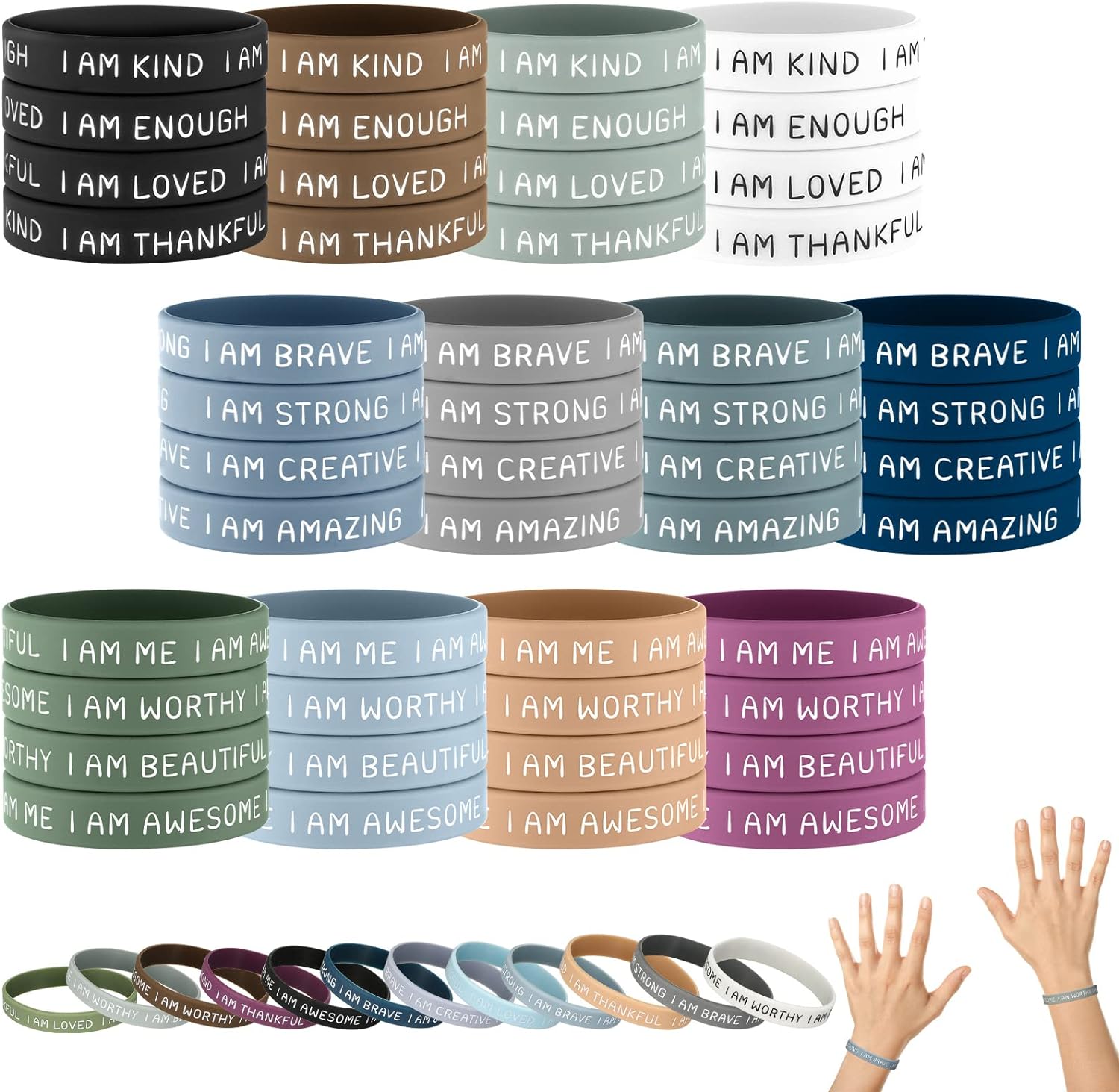 HyDren 48 Pieces Inspirational Wristbands Motivational Silicone Bracelets Bulk Positive Affirmation Rubber Bracelets Gift for Students Teachers School Prizes, 2.56 Inch