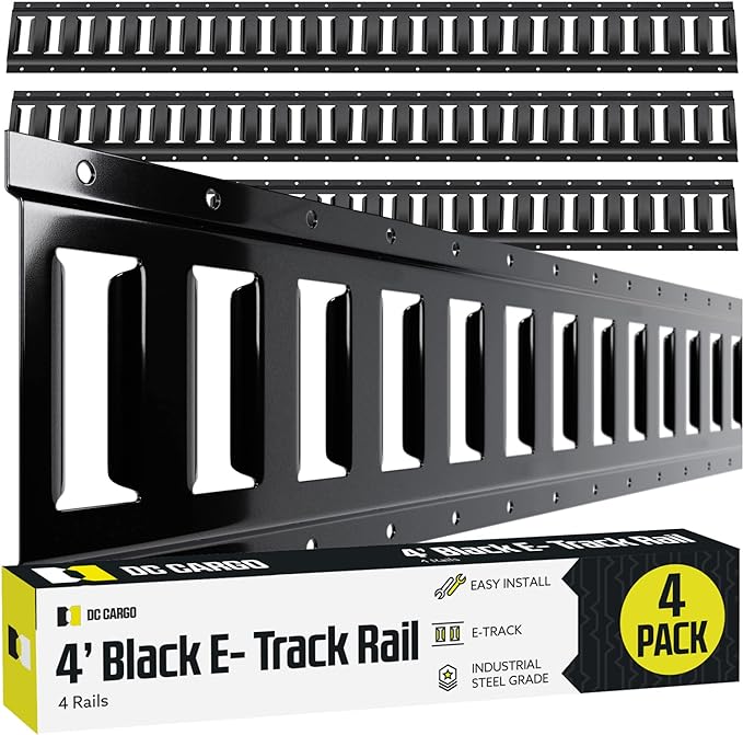 Four 4-ft E Track Tie-Down Rail, Black Powder Coated Steel ETrack TieDowns, Horizontal E-Tracks, Bolt-On Tie Down Rails for Cargo on Pickups, Trucks, Trailers, Vans