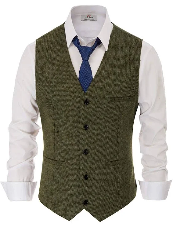 PJ PAUL JONES Men's Western Herringbone Tweed Suit Vest Wool Blend V Neck Slim Fit Waistcoat