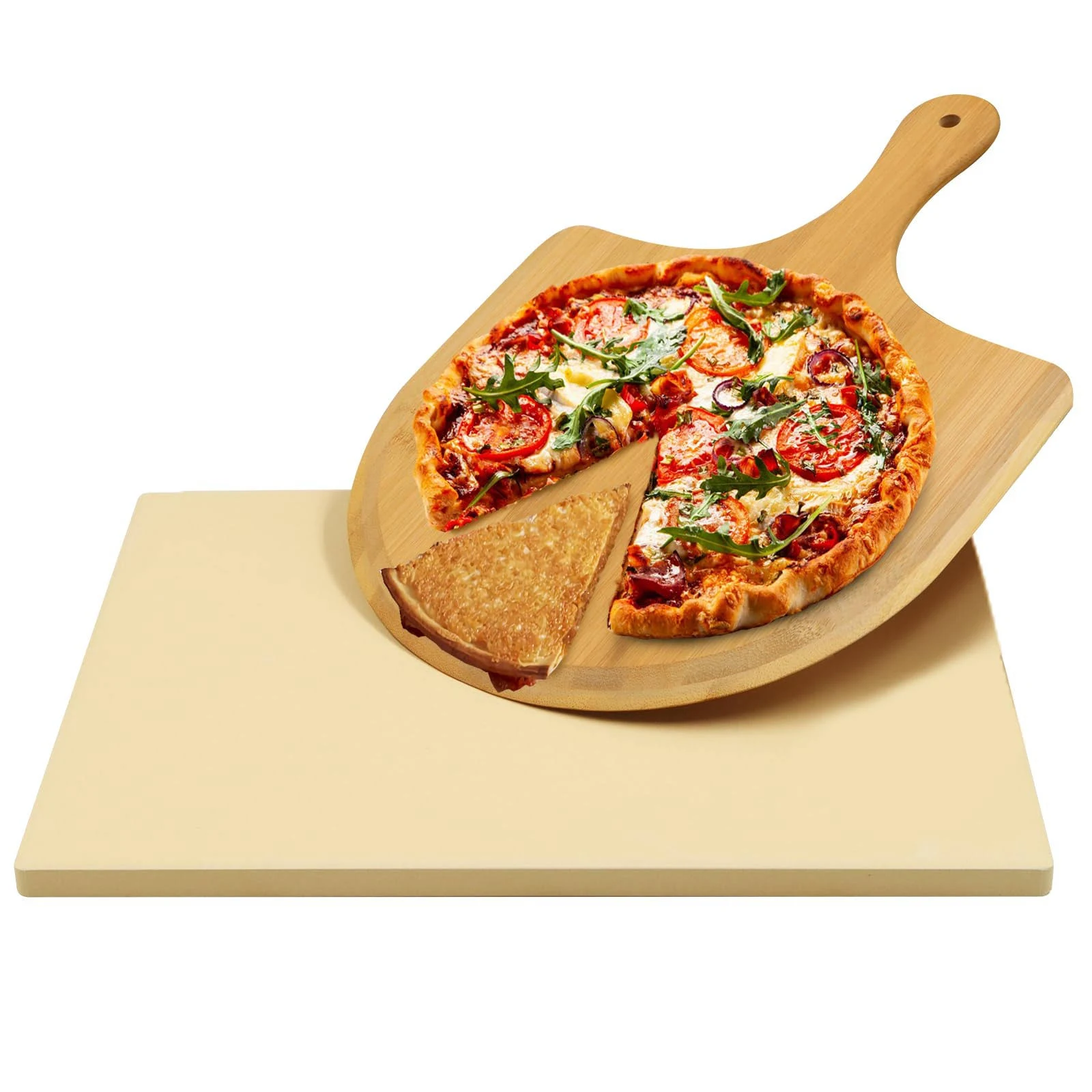 AUGOSTA Pizza Stone for Oven and Grill, Free Wooden Pizza Peel Paddle, Durable and Safe Baking Stone for Grill, Thermal Shock Resistant Cooking