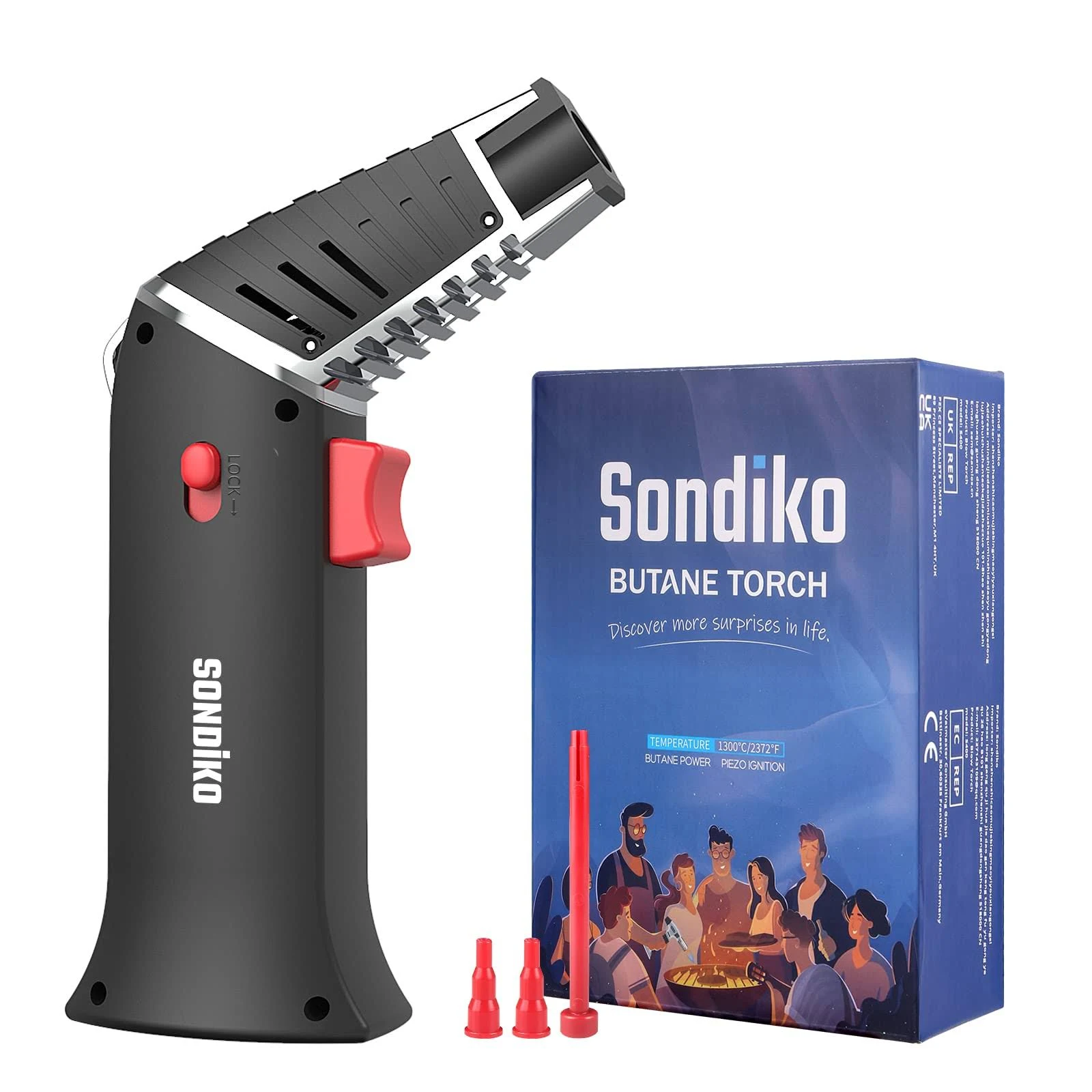 Sondiko 0-90°Rotating Angle Creme Brûlée Torch S928, Kitchen Torch Lighter with Rotatable Torch Head, Safety Lock, Adjustable Flame for Creme Brulee, BBQ, Dab(Butane Gas Not Included)