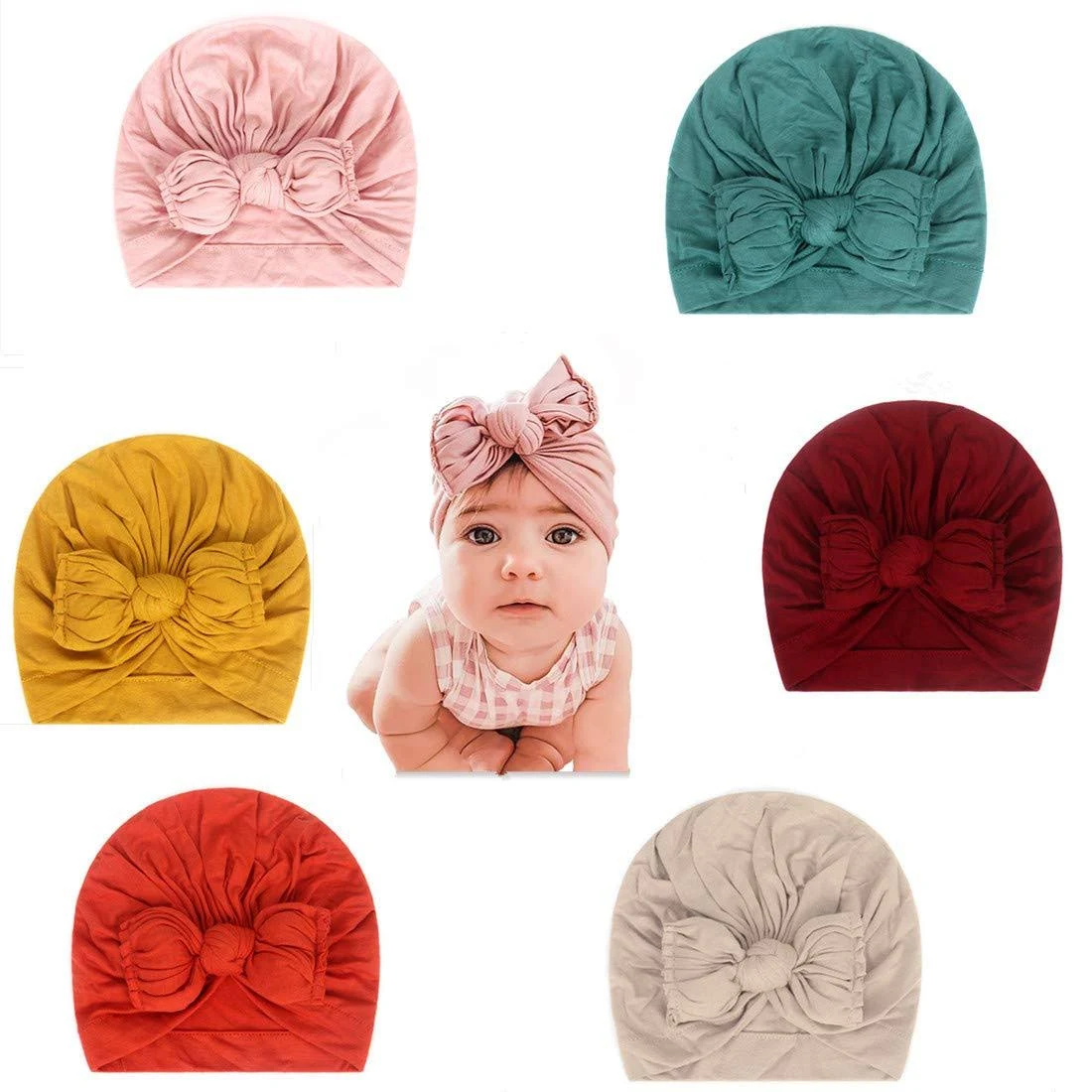 CANSHOW 6 Pcs Soft Cotton Baby Hats Caps Cute Sweet Cozy Baby Turban Bun Knot Baby Infant Beanies Candy Shape for Toddler Baby Girls