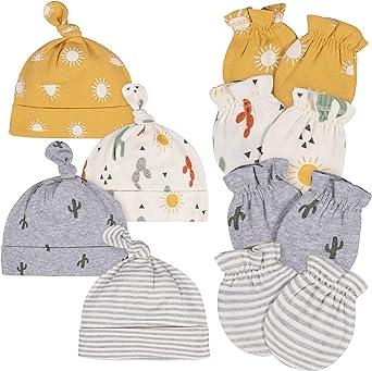 Gerber 8-Piece Baby Neutral Happy Veggies No Scratch Mittens & Caps Set