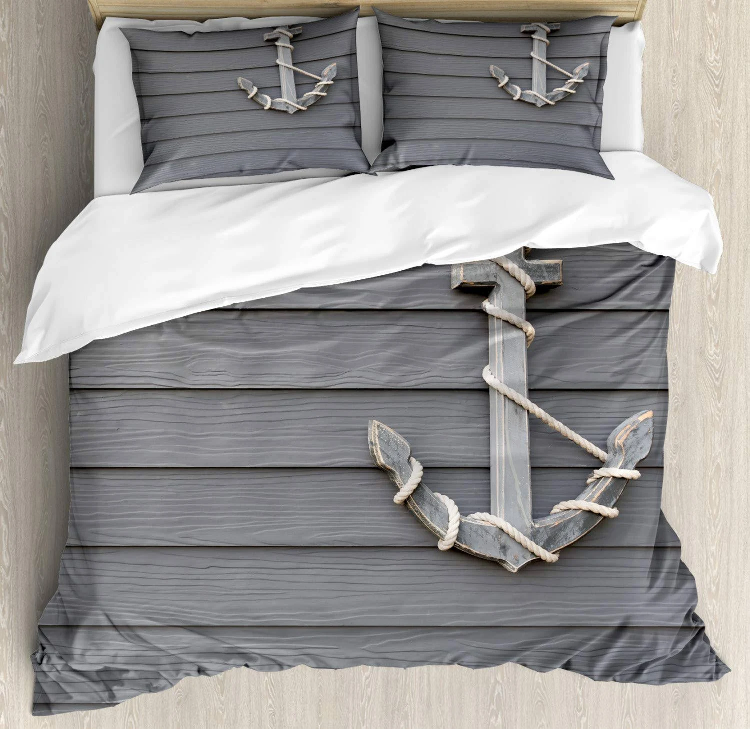 Ambesonne Anchor Duvet Cover Set, Wooden Marine Shapes on The Wall Antique Navy ...