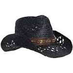 Straw Cowboy Hat W/Vegan Leather Band & Beads, Shapeable Brim