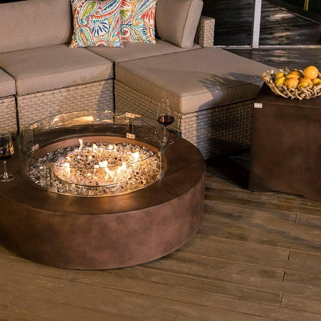 COSIEST Outdoor Propane Bronze Round Lightweight Concrete Fire Pit Coffee Table Patio Heater, Wind Guard