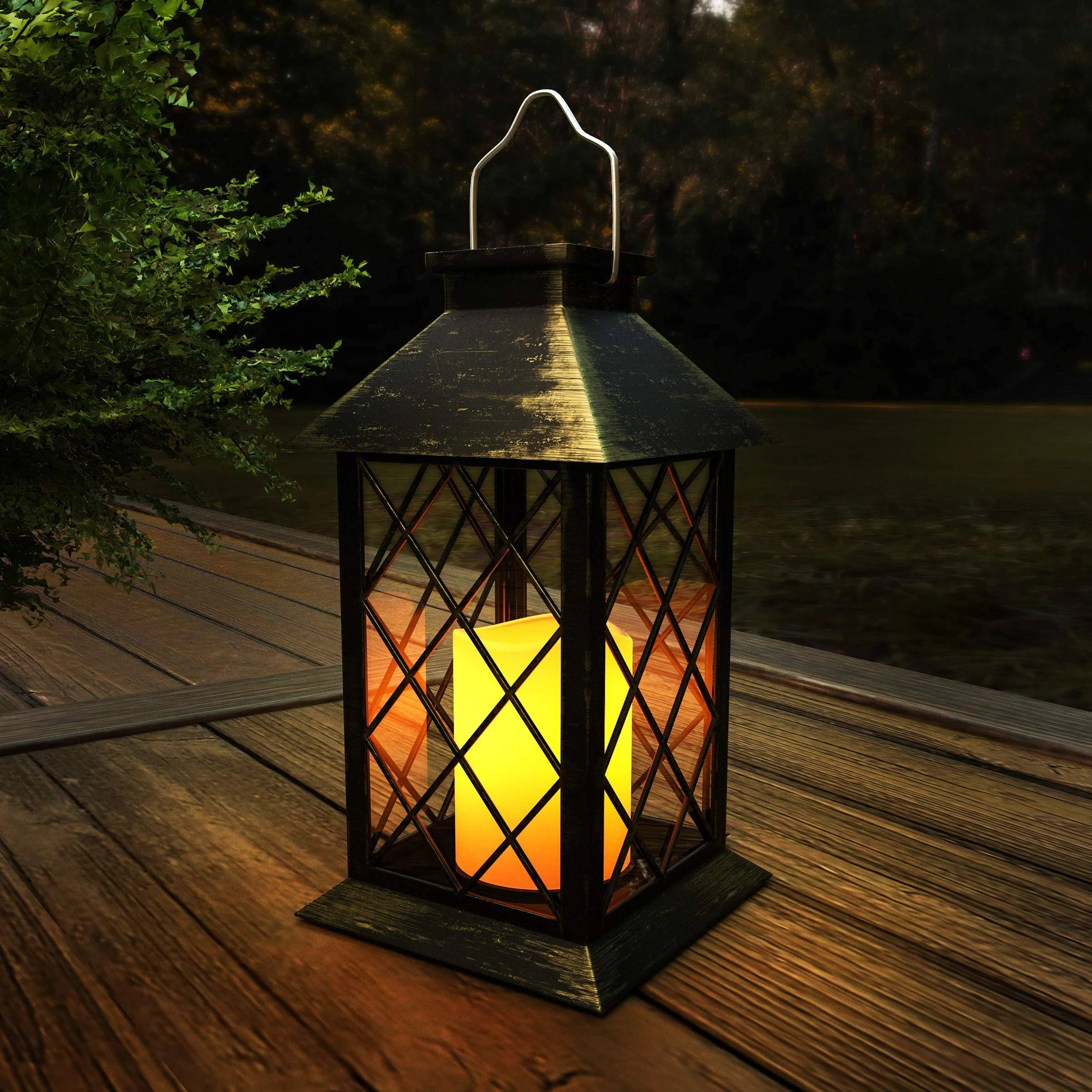 Lavish Home 72-LNTN-4 Solar Powered Lantern-Hanging or Tabletop Water Resistant LED Pillar Candle Lamp for Indoors or Outdoors Classic Home and Garden Décor