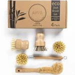 ARYA. Wooden Dish Brush Set | 4 Kitchen Washing Up Brushes & One Replacement Head | Bamboo & Natural Fibers | Eco Friendly Wooden Pot Brush Scourer Scrubber Sponge Alternative