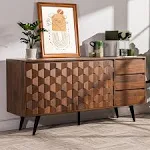 Bme Sideboard Georgina Solid Wood 2 Doors & 3 Drawers, 61'' Mid Century Modern Cabinet with Geometric Pattern for Kitchen, Dining, Living Room