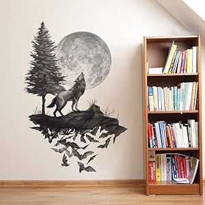 Runtoo Wolf Wall Decals Moon Wall Art Stickers Bedroom Living Room Kids Nursery Black Wall dcor