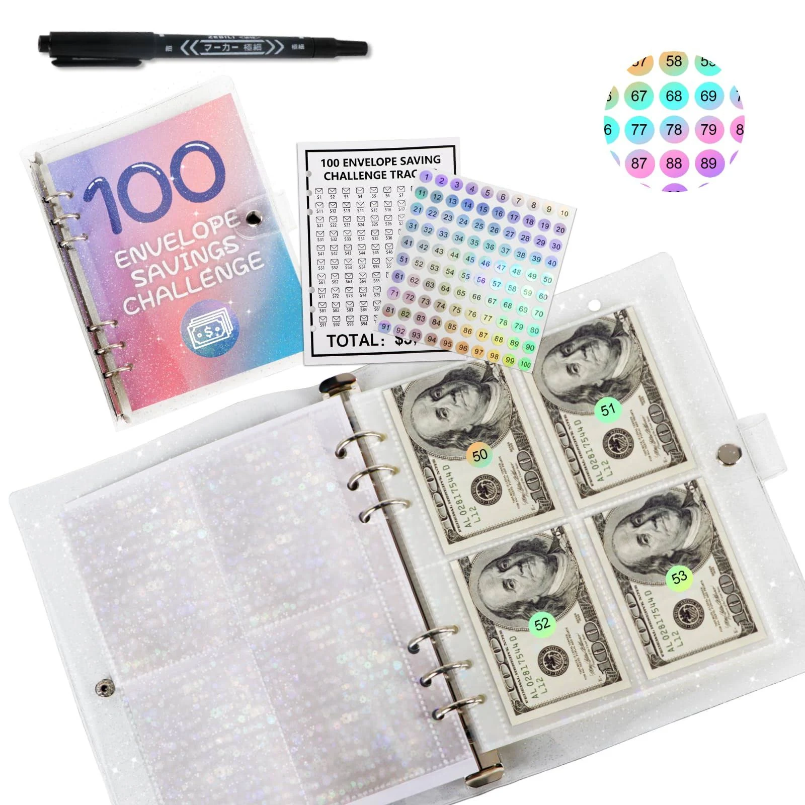 100 Envelopes Money Saving Challenge, 2024 New & Shiny 100 Envelope Challenge Binder, Easy and Funny Way to Save $5,050 Budget Planner, 100-Day Envelope Challenge Kit Money Saving Binder