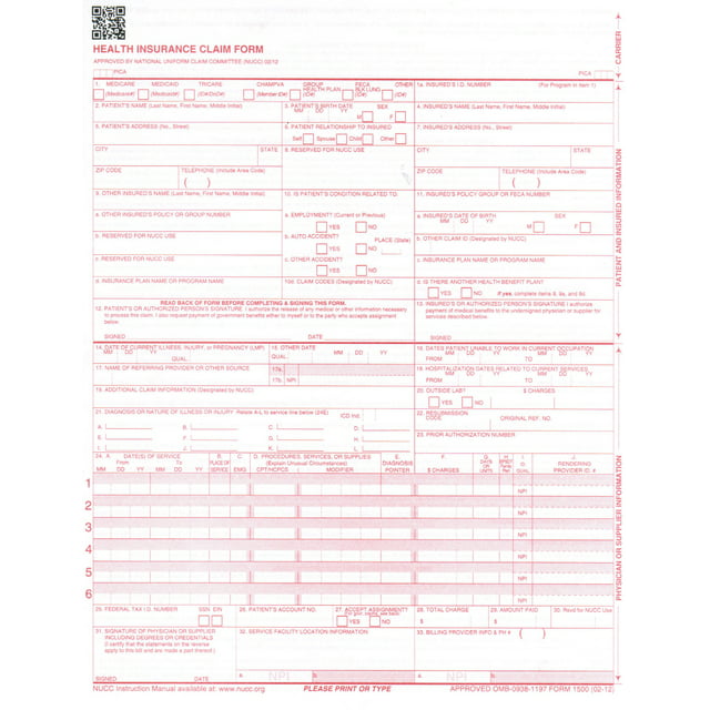 New CMS 1500 Health Insurance Claim Forms, HCFA Approved Version (02/12) - Ream of 150 Forms