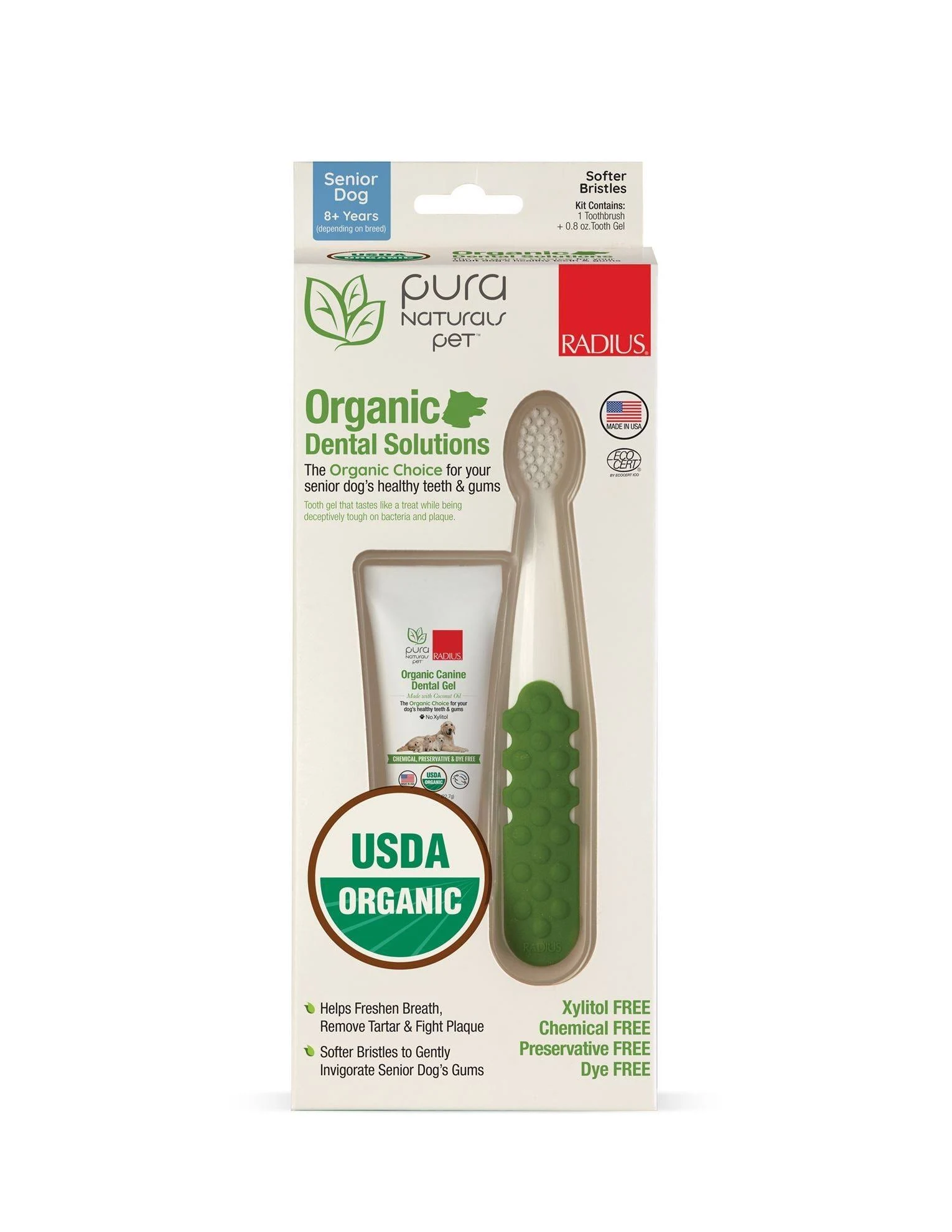 RADIUS USDA Organic Dental Solutions Senior Kit 1 Unit, 1 Dog Toothbrush & 1 0.8oz Toothpaste, Soft Bristle & Non Toxic Toothpaste for Dogs, Designed to Clean Teeth, Xylitol Free