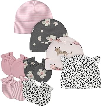 Gerber 8-Piece Baby Girls Golden Floral No Scratch Mittens & Caps Set