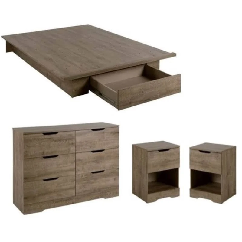 Home Square 4 Piece Bedroom Furniture Set - Full/Queen Platform Bed with Storage Drawers / 6 Drawer Double Bedroom Dresser/Small Nightstand with Drawer and Shelf - Set of 2 / Weathered Oak